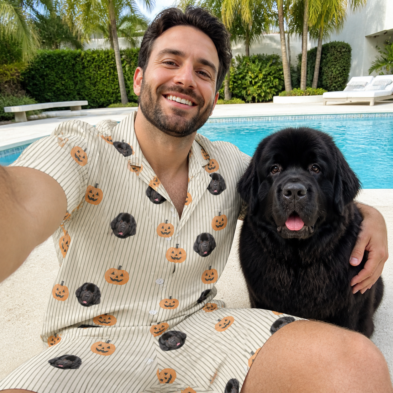 Selfie with the pet whose face is printed all over this Men's Fiery Fiends Custom Dog Face Shirt & Shorts Set
