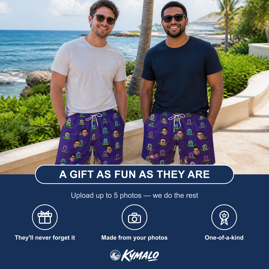 Friends in matching Men's Mirth Markers Custom Face Beach Shorts — a group gift photo
