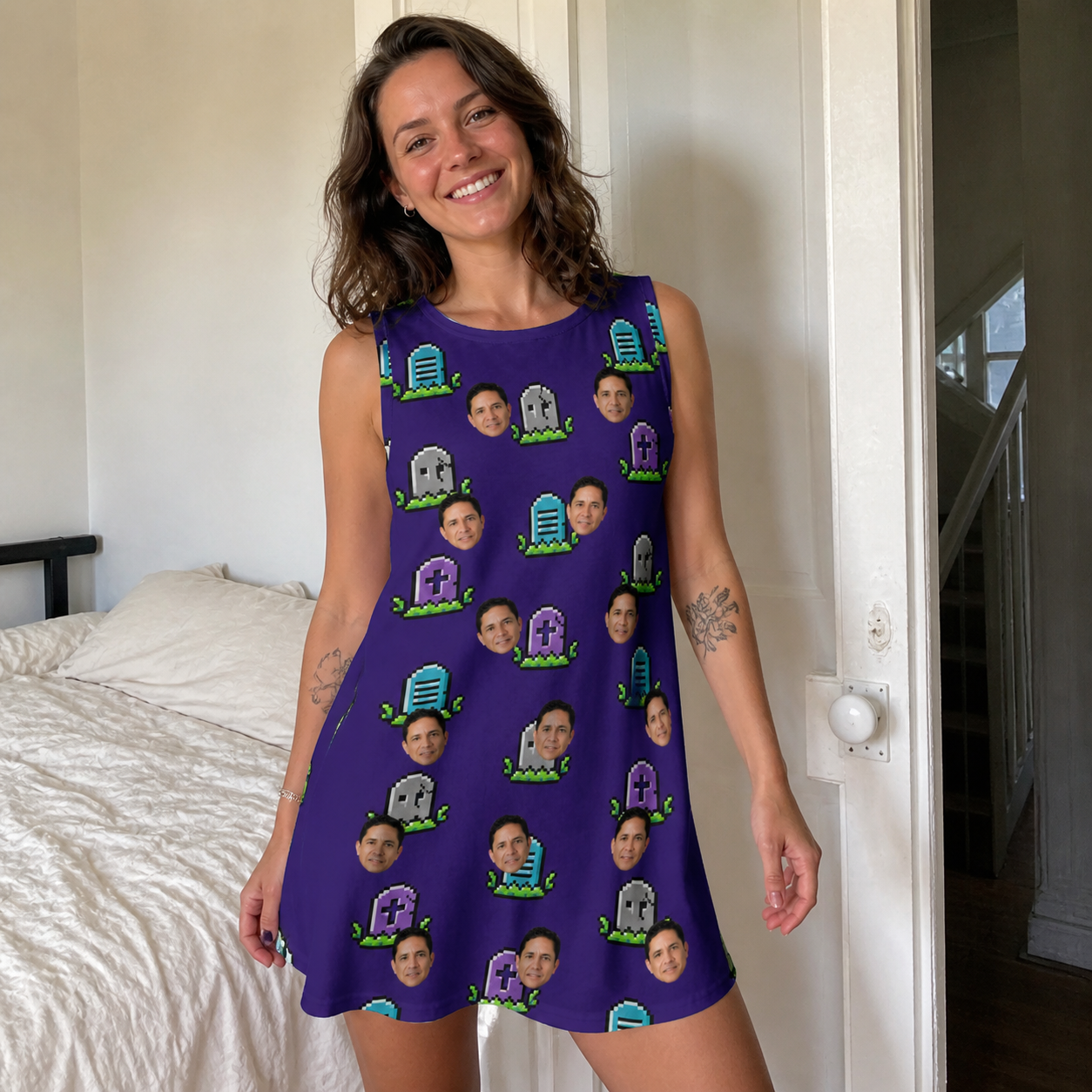Real-life photo of someone wearing Women's Mirth Markers Custom Face Tank Dress — custom faces printed all-over