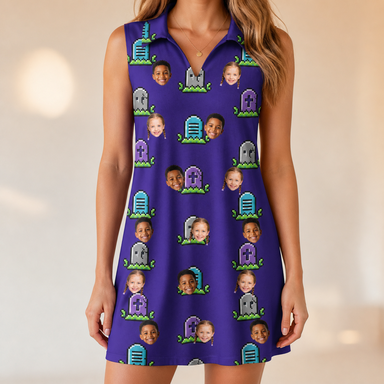 Model wearing Women's Mirth Markers Custom Face V-Neck Dress printed with kids' faces