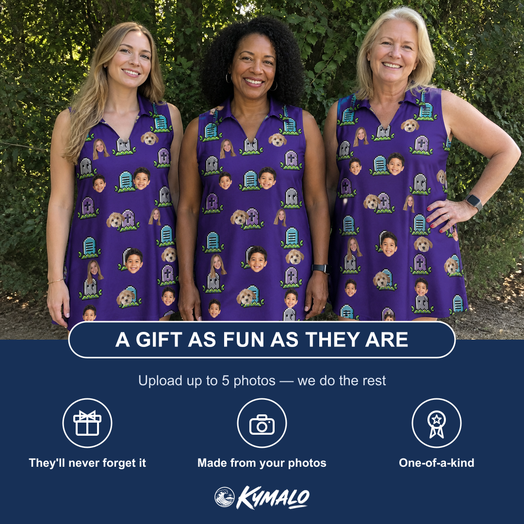 Friends in matching Women's Mirth Markers Custom Face V-Neck Dress — a group gift photo