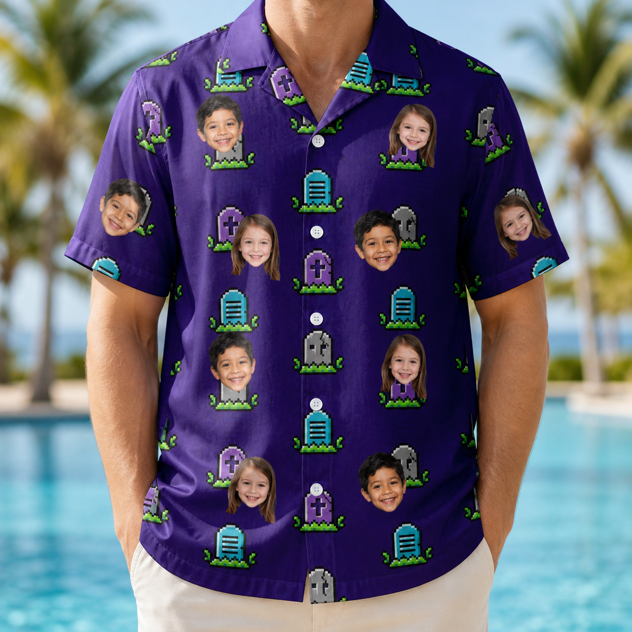 Model wearing Men's Mirth Markers Custom Face Hawaiian Shirt printed with kids' faces