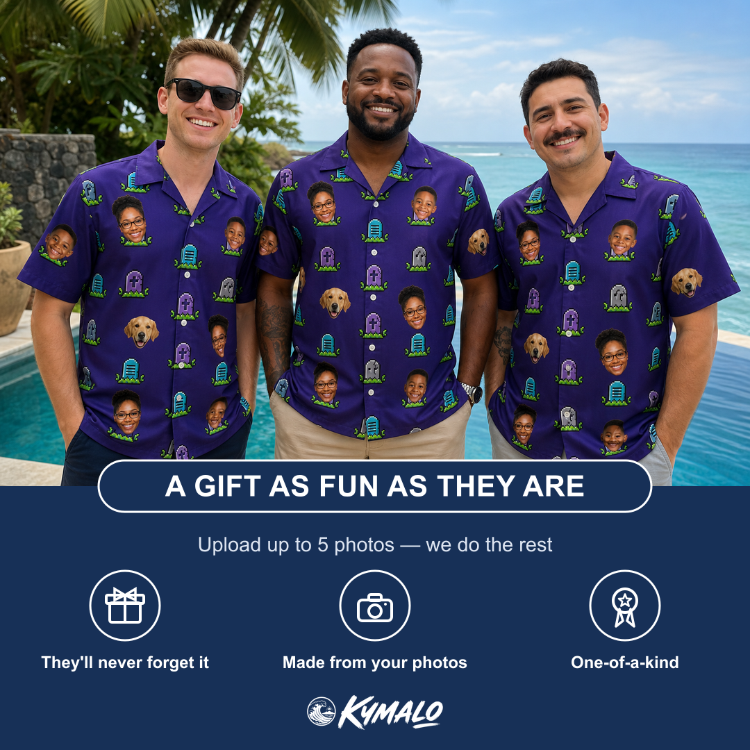 Friends in matching Men's Mirth Markers Custom Face Hawaiian Shirt — a group gift photo