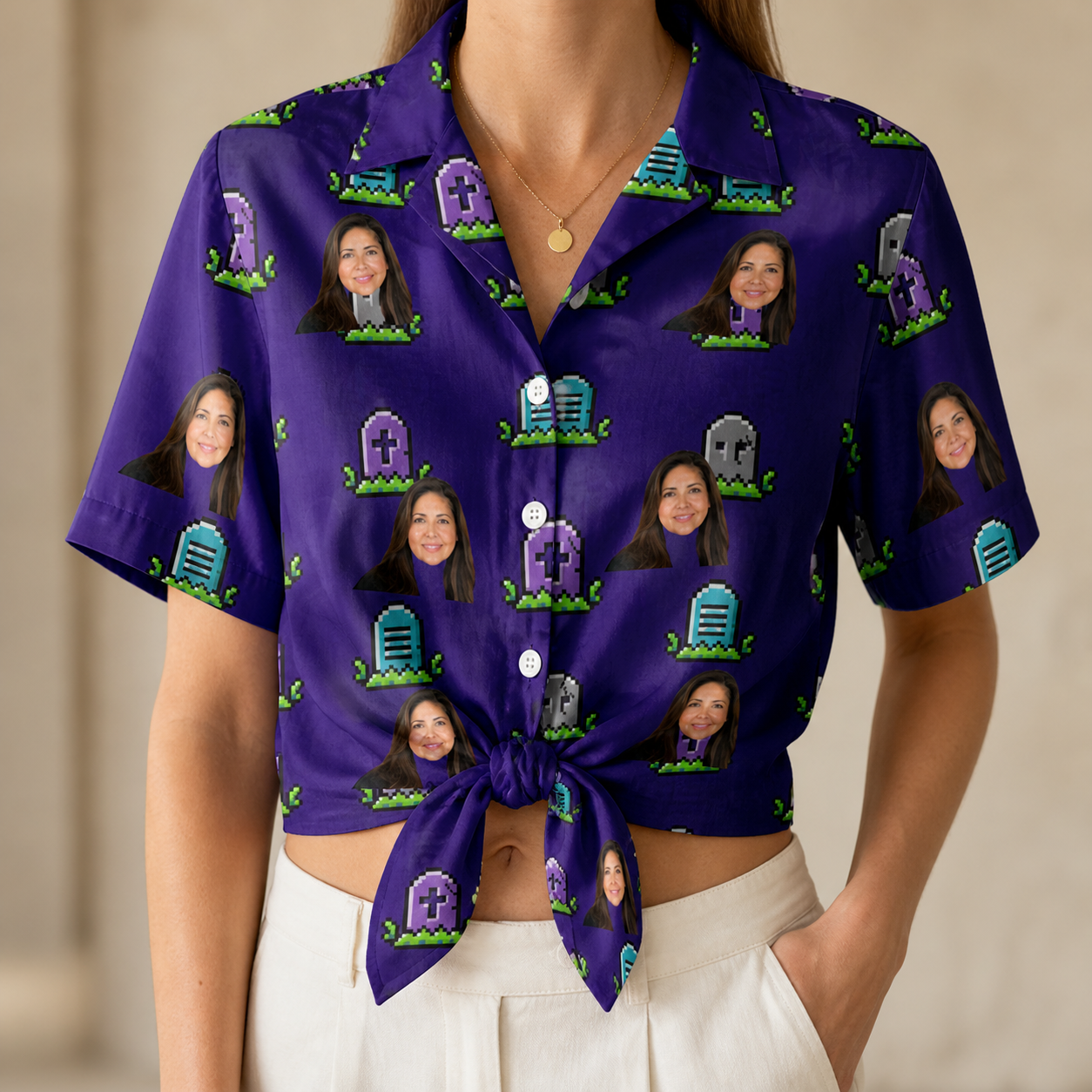 Woman wearing Women's Mirth Markers Custom Face Hawaiian Shirt tied at the waist