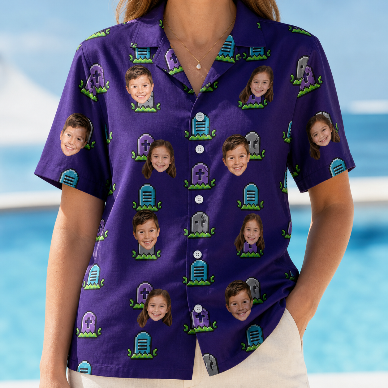 Model wearing Women's Mirth Markers Custom Face Hawaiian Shirt printed with kids' faces