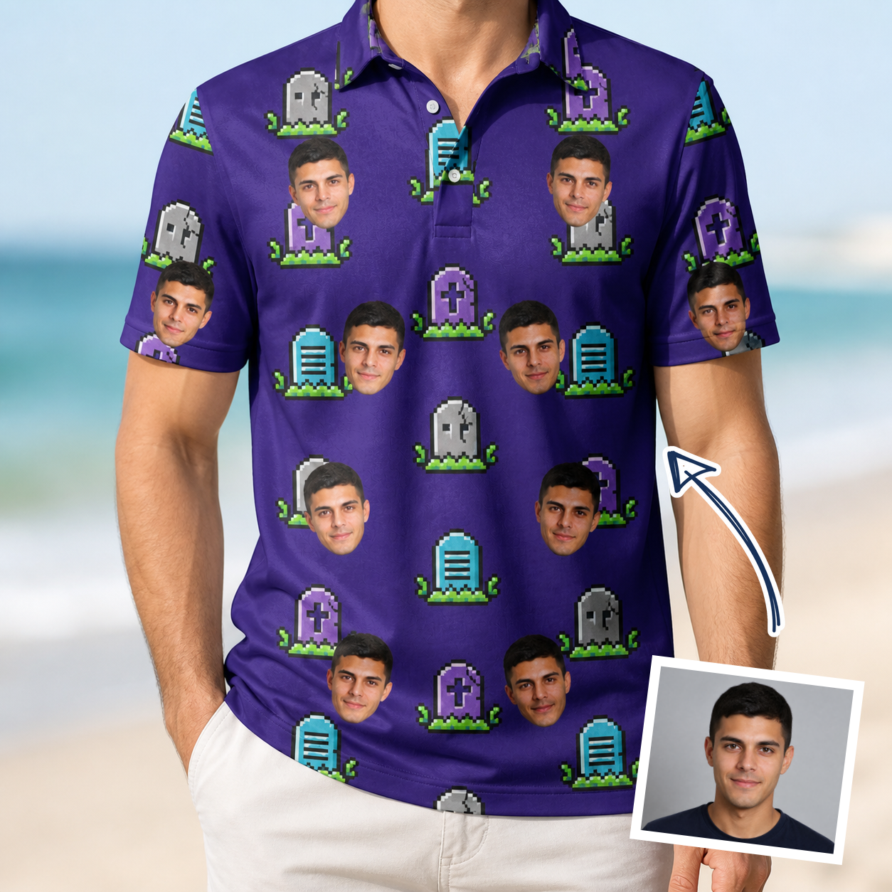 Man wearing Men's Mirth Markers Custom Face Polo Shirt — custom faces printed all-over