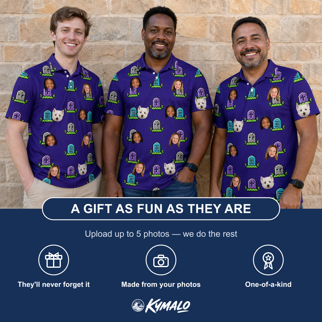 Friends in matching Men's Mirth Markers Custom Face Polo Shirt — a group gift photo