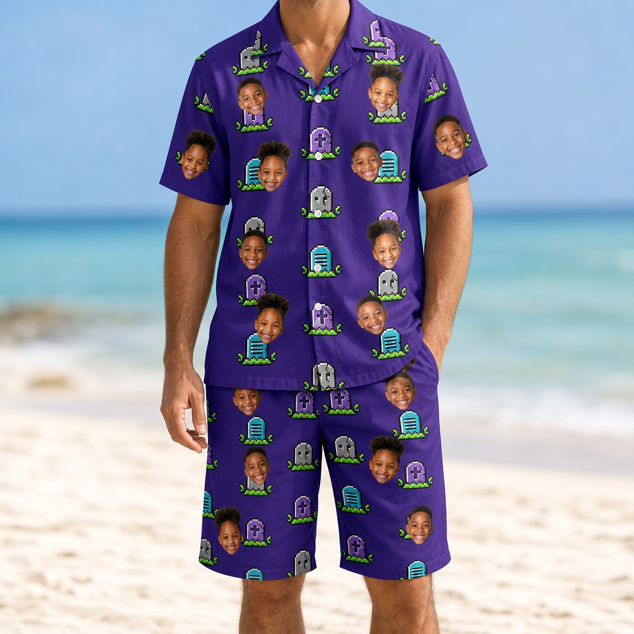 Model wearing Men's Mirth Markers Custom Face Shirt & Shorts Set printed with kids' faces