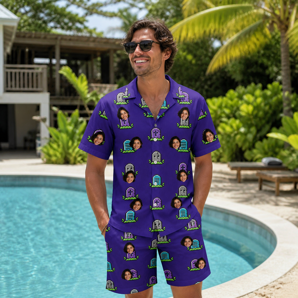Real-life photo of someone wearing Men's Mirth Markers Custom Face Shirt & Shorts Set — custom faces printed all-over