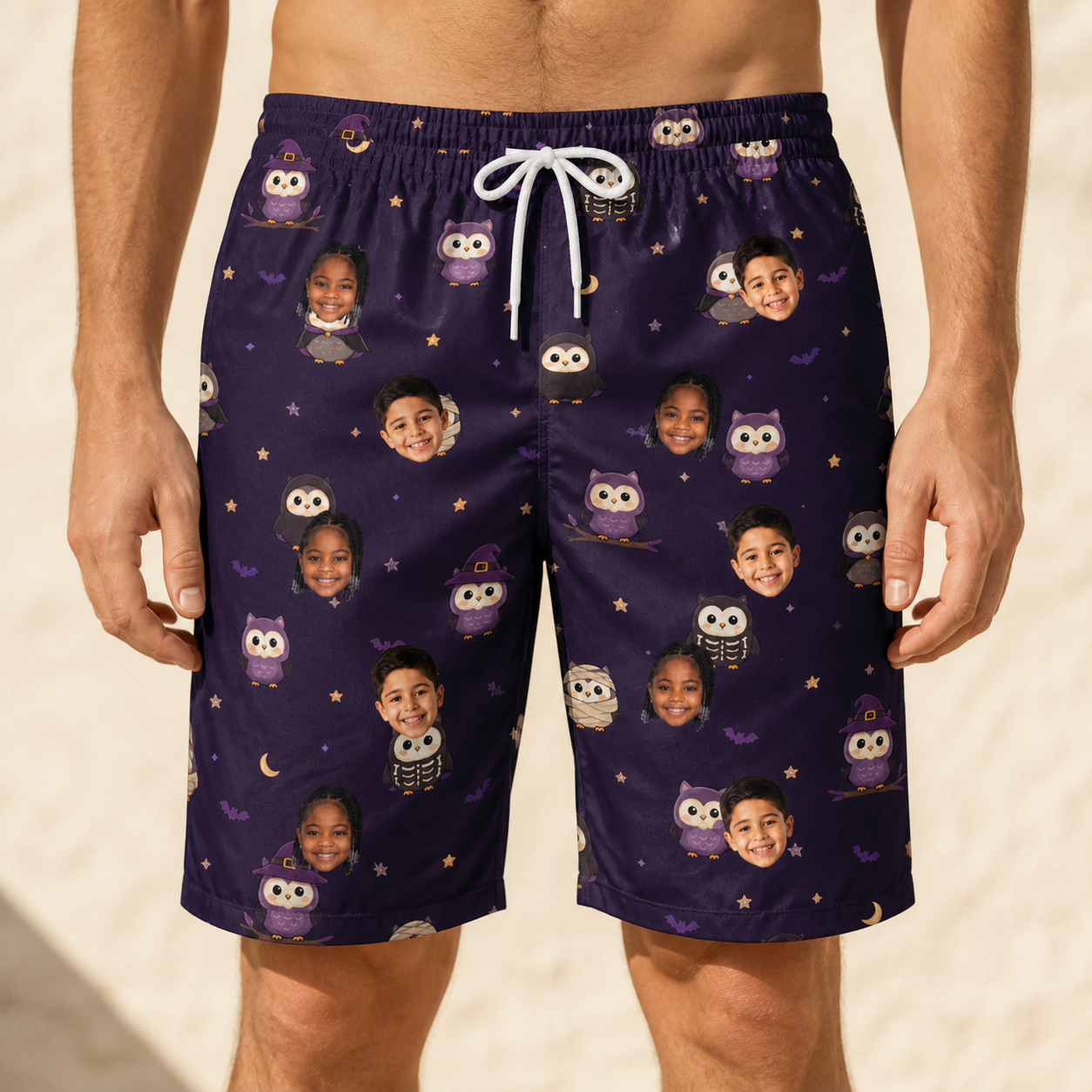 Model wearing Men's Feathered Frights Custom Face Beach Shorts printed with kids' faces