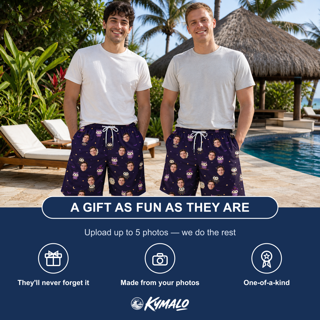 Friends in matching Men's Feathered Frights Custom Face Beach Shorts — a group gift photo