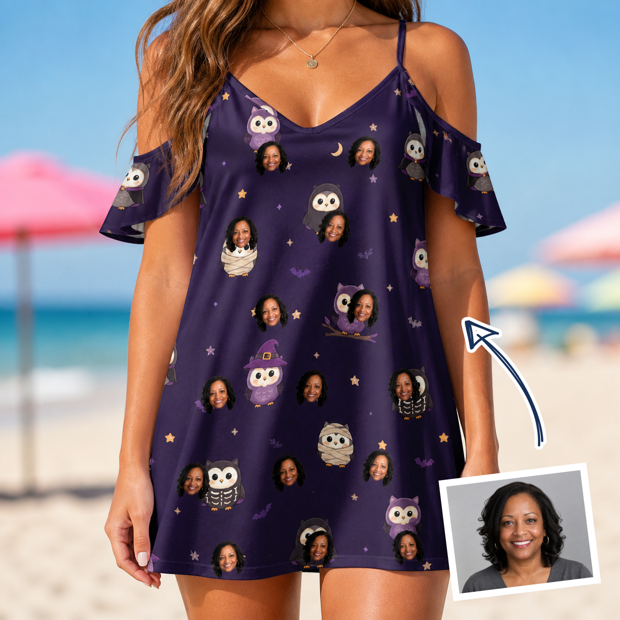 Woman wearing Women's Feathered Frights Custom Face Off-Shoulder Dress — custom faces printed all-over