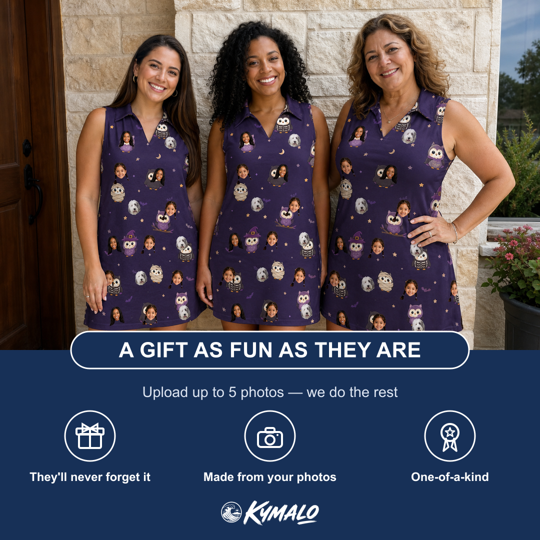 Friends in matching Women's Feathered Frights Custom Face V-Neck Dress — a group gift photo