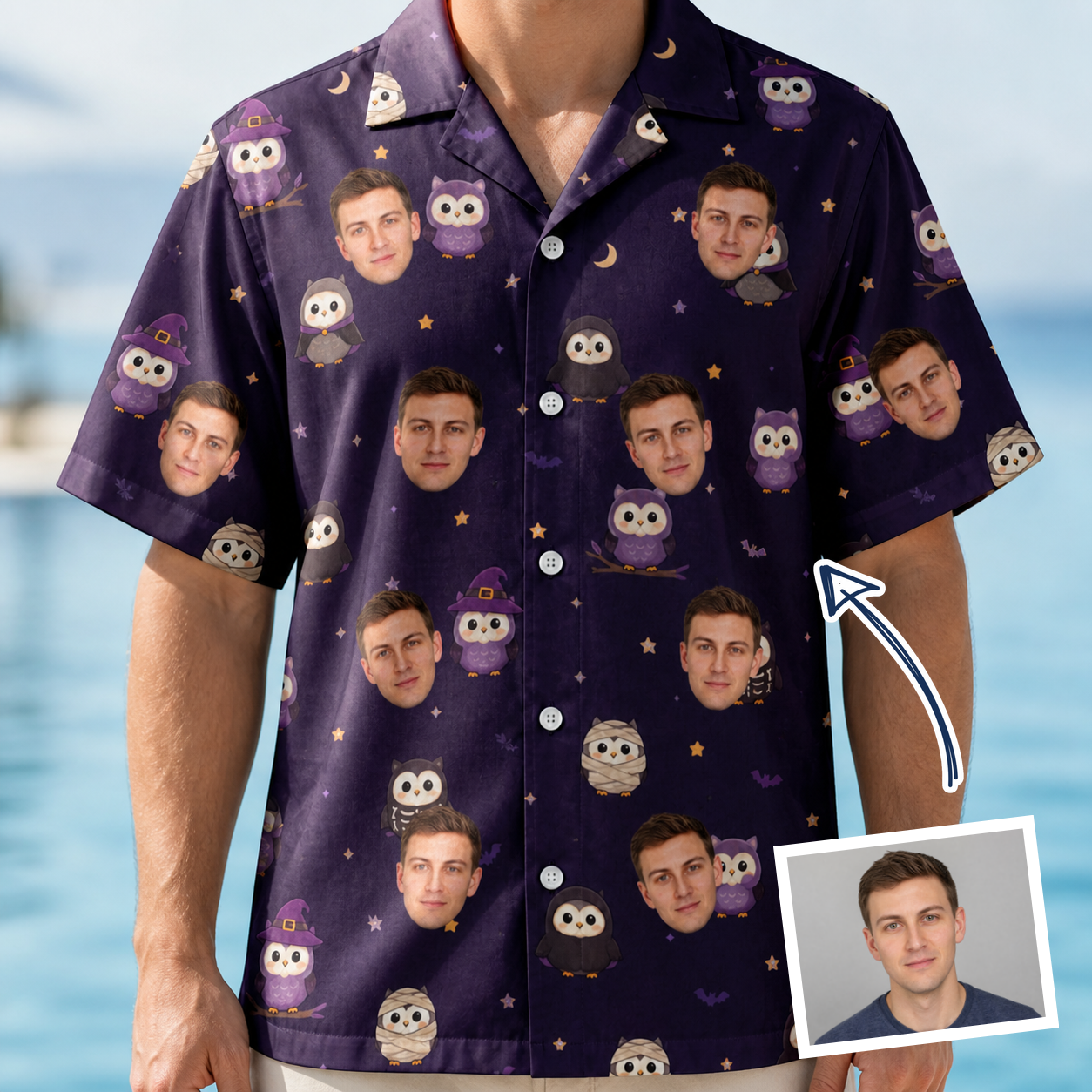 Man wearing Men's Feathered Frights Custom Face Hawaiian Shirt — custom faces printed all-over