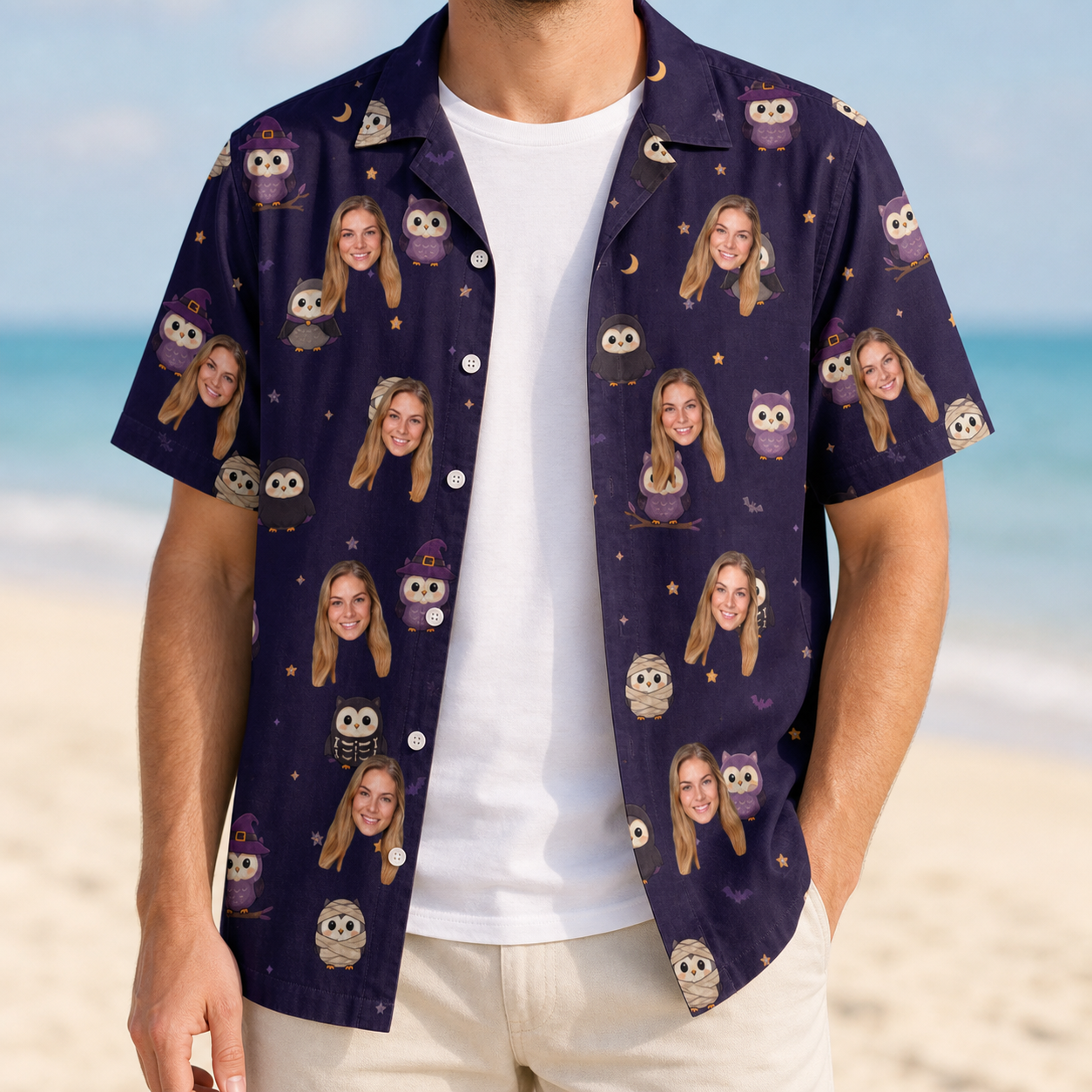 Man wearing Men's Feathered Frights Custom Face Hawaiian Shirt open over a white tee