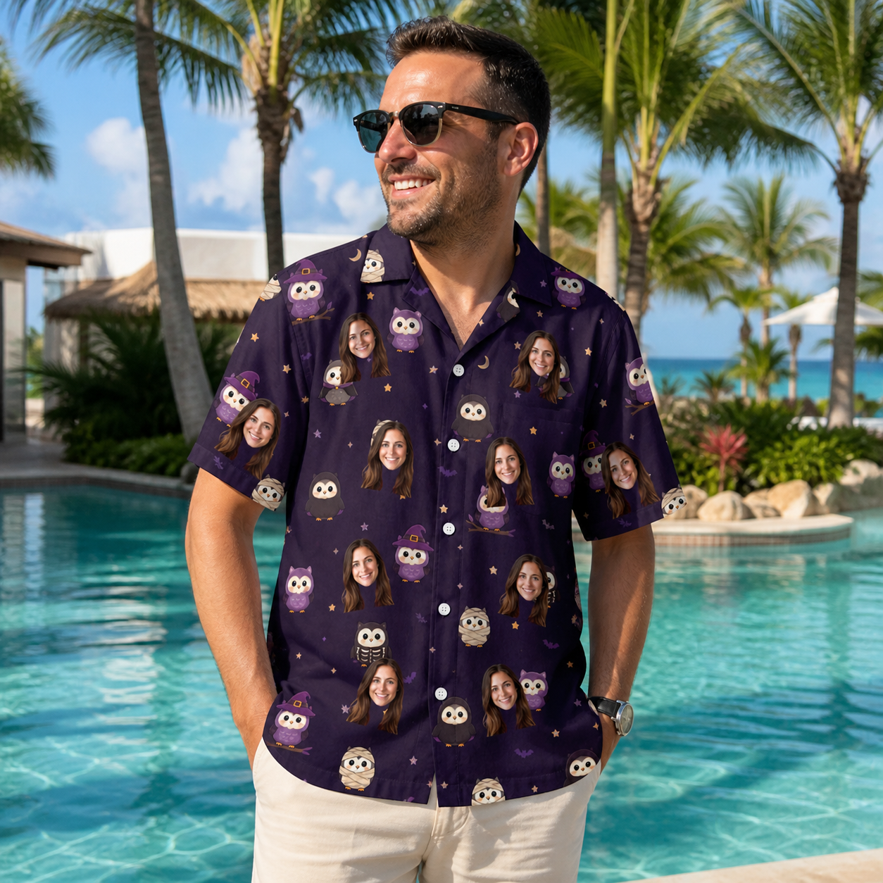 Real-life photo of someone wearing Men's Feathered Frights Custom Face Hawaiian Shirt — custom faces printed all-over