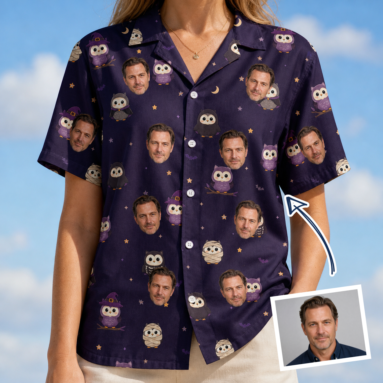 Woman wearing Women's Feathered Frights Custom Face Hawaiian Shirt — custom faces printed all-over