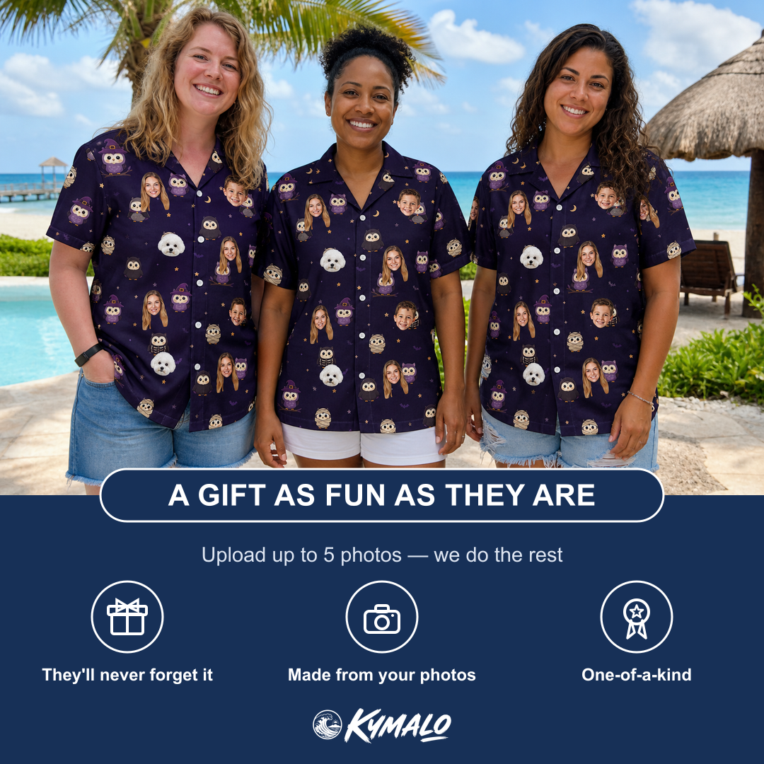 Friends in matching Women's Feathered Frights Custom Face Hawaiian Shirt — a group gift photo
