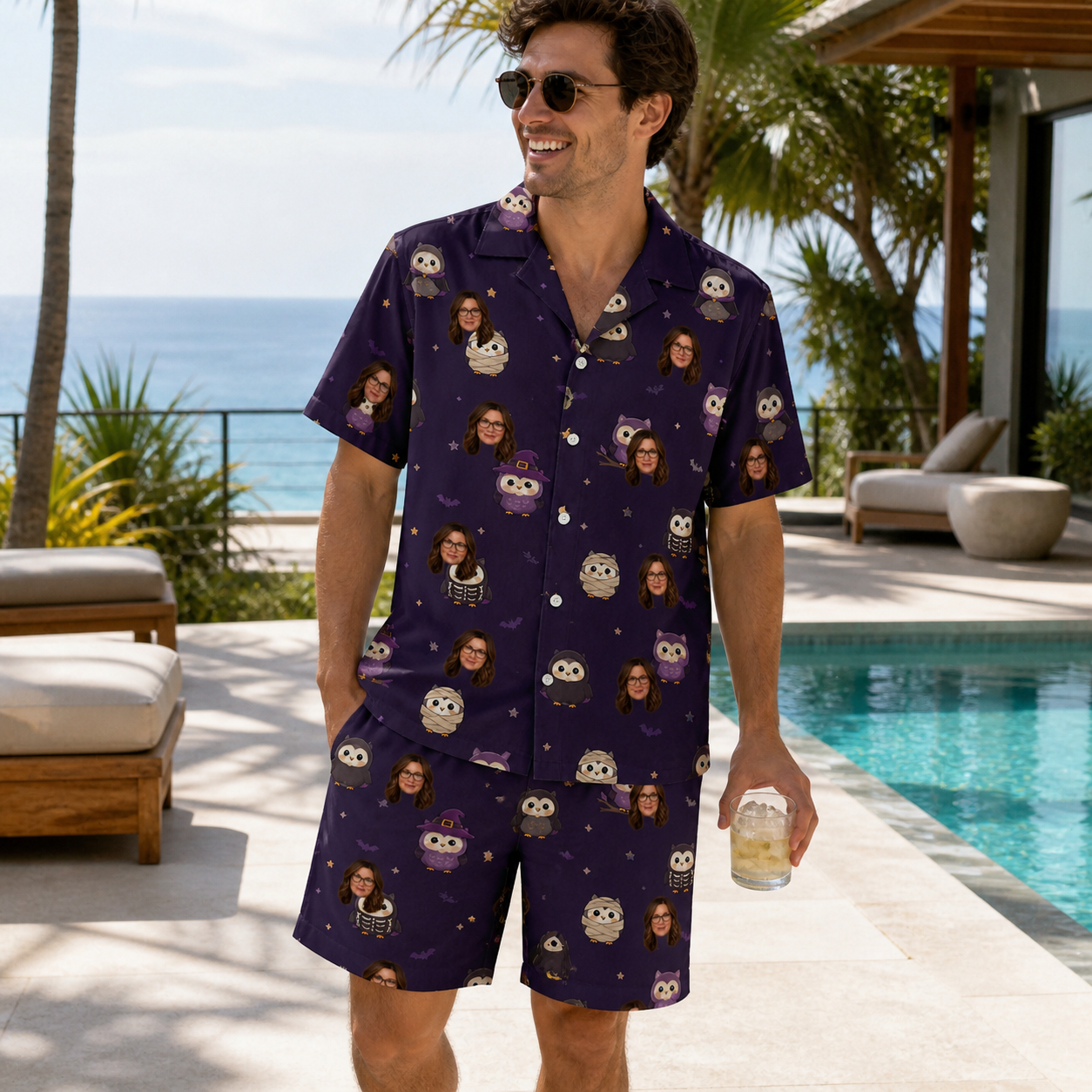 Real-life photo of someone wearing Men's Feathered Frights Custom Face Shirt & Shorts Set — custom faces printed all-over