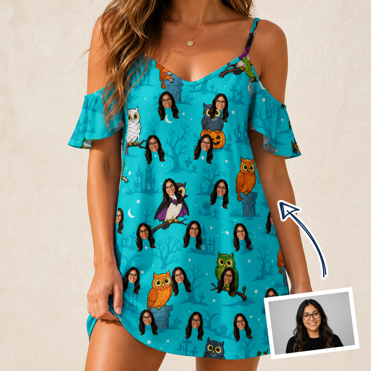 Woman wearing Women's Nocturnal Nonsense Custom Face Off-Shoulder Dress — custom faces printed all-over