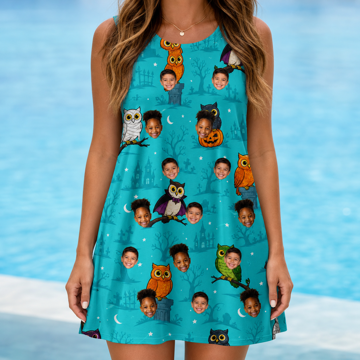 Model wearing Women's Nocturnal Nonsense Custom Face Tank Dress printed with kids' faces