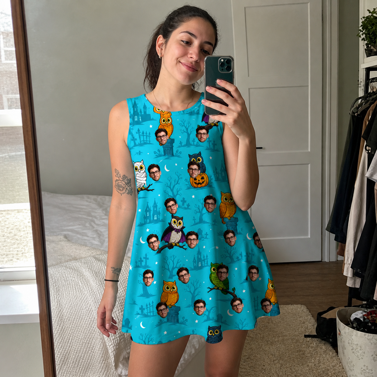 Real-life photo of someone wearing Women's Nocturnal Nonsense Custom Face Tank Dress — custom faces printed all-over