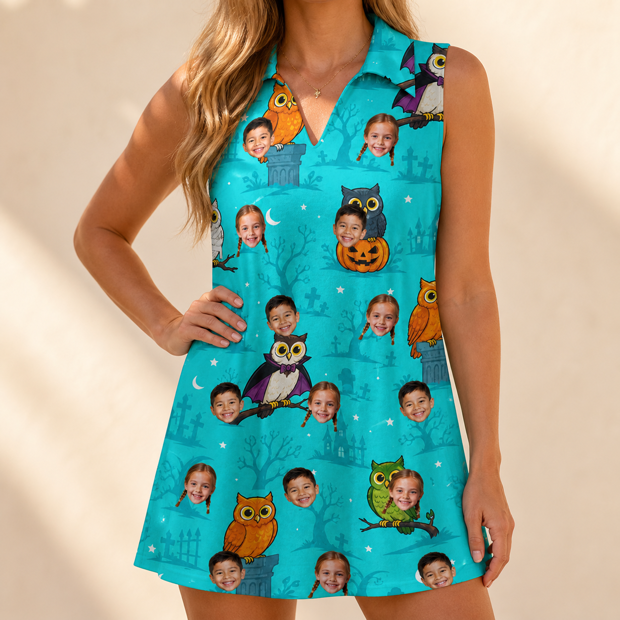 Model wearing Women's Nocturnal Nonsense Custom Face V-Neck Dress printed with kids' faces