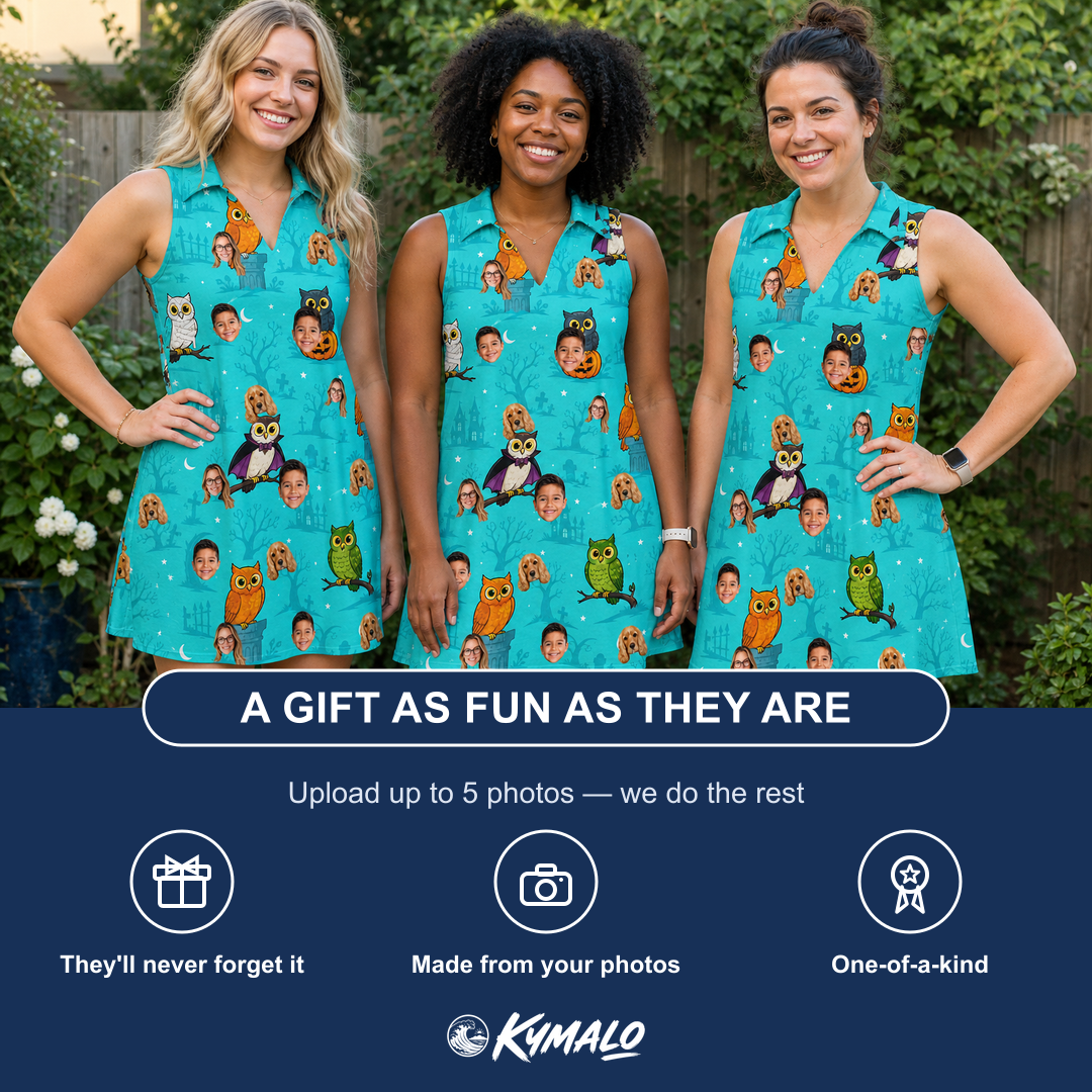 Friends in matching Women's Nocturnal Nonsense Custom Face V-Neck Dress — a group gift photo