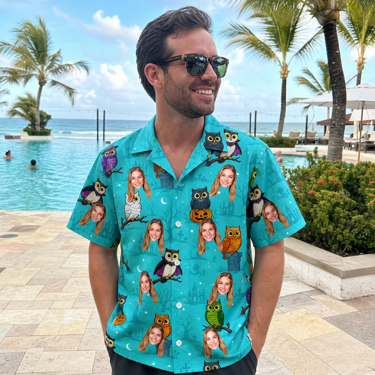Real-life photo of someone wearing Men's Nocturnal Nonsense Custom Face Hawaiian Shirt — custom faces printed all-over