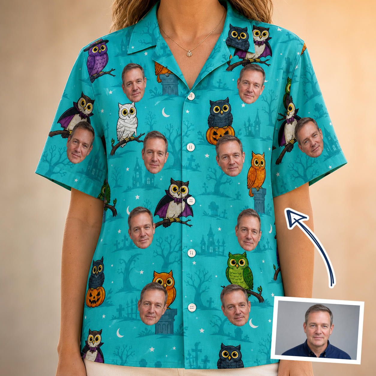 Woman wearing Women's Nocturnal Nonsense Custom Face Hawaiian Shirt — custom faces printed all-over