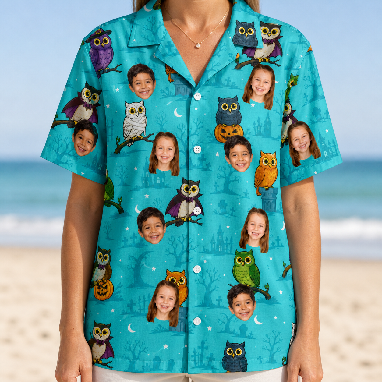 Model wearing Women's Nocturnal Nonsense Custom Face Hawaiian Shirt printed with kids' faces