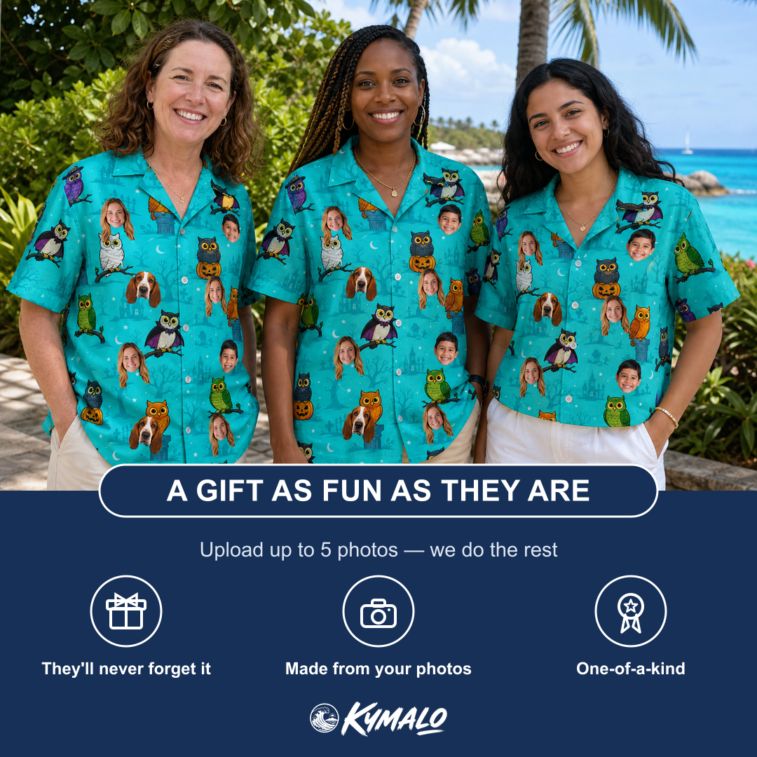 Friends in matching Women's Nocturnal Nonsense Custom Face Hawaiian Shirt — a group gift photo
