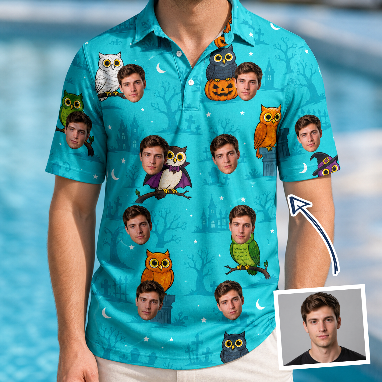 Man wearing Men's Nocturnal Nonsense Custom Face Polo Shirt — custom faces printed all-over