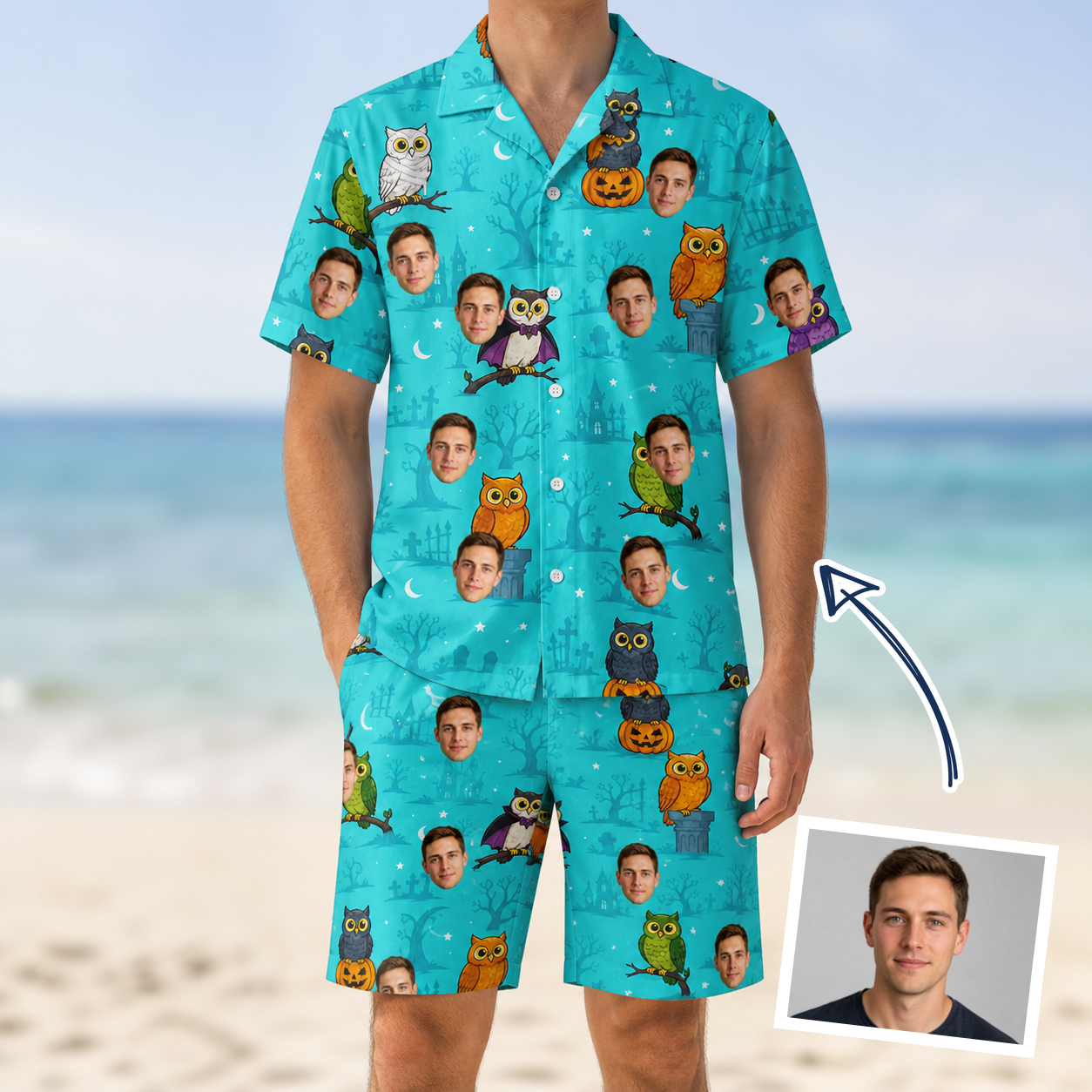 Man wearing Men's Nocturnal Nonsense Custom Face Shirt & Shorts Set — custom faces printed all-over