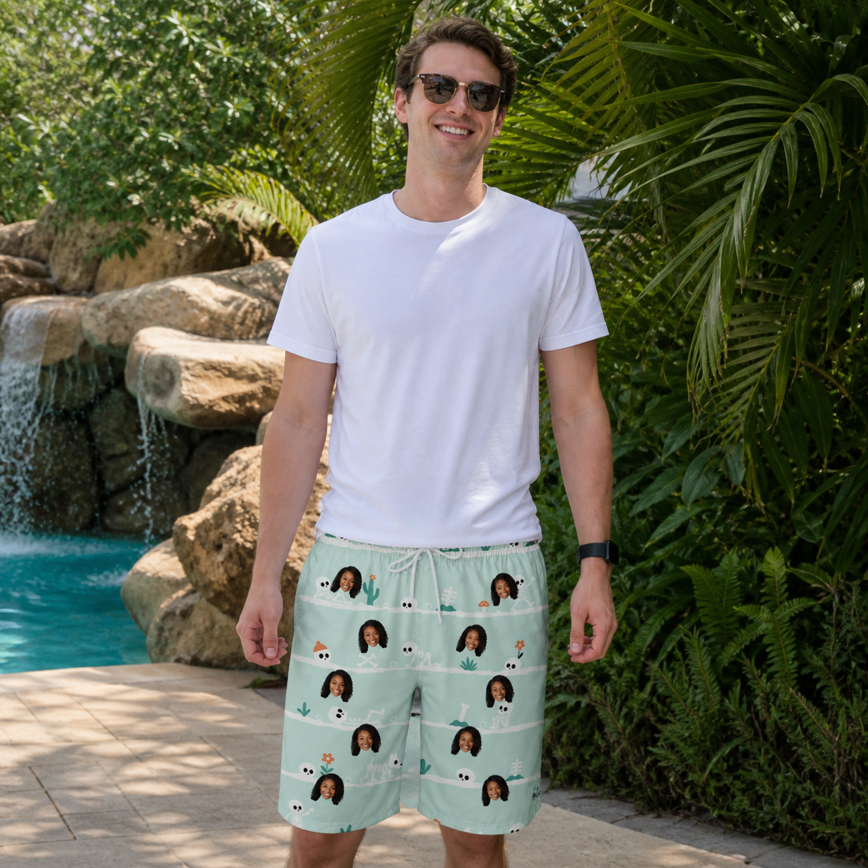 Real-life photo of someone wearing Men's Phantom Phalanges Custom Face Beach Shorts — custom faces printed all-over
