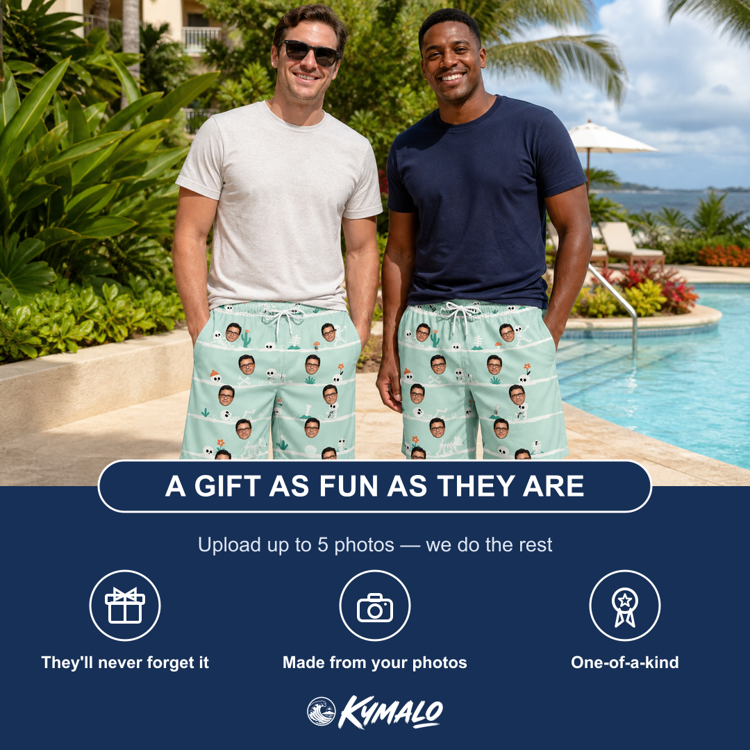 Friends in matching Men's Phantom Phalanges Custom Face Beach Shorts — a group gift photo