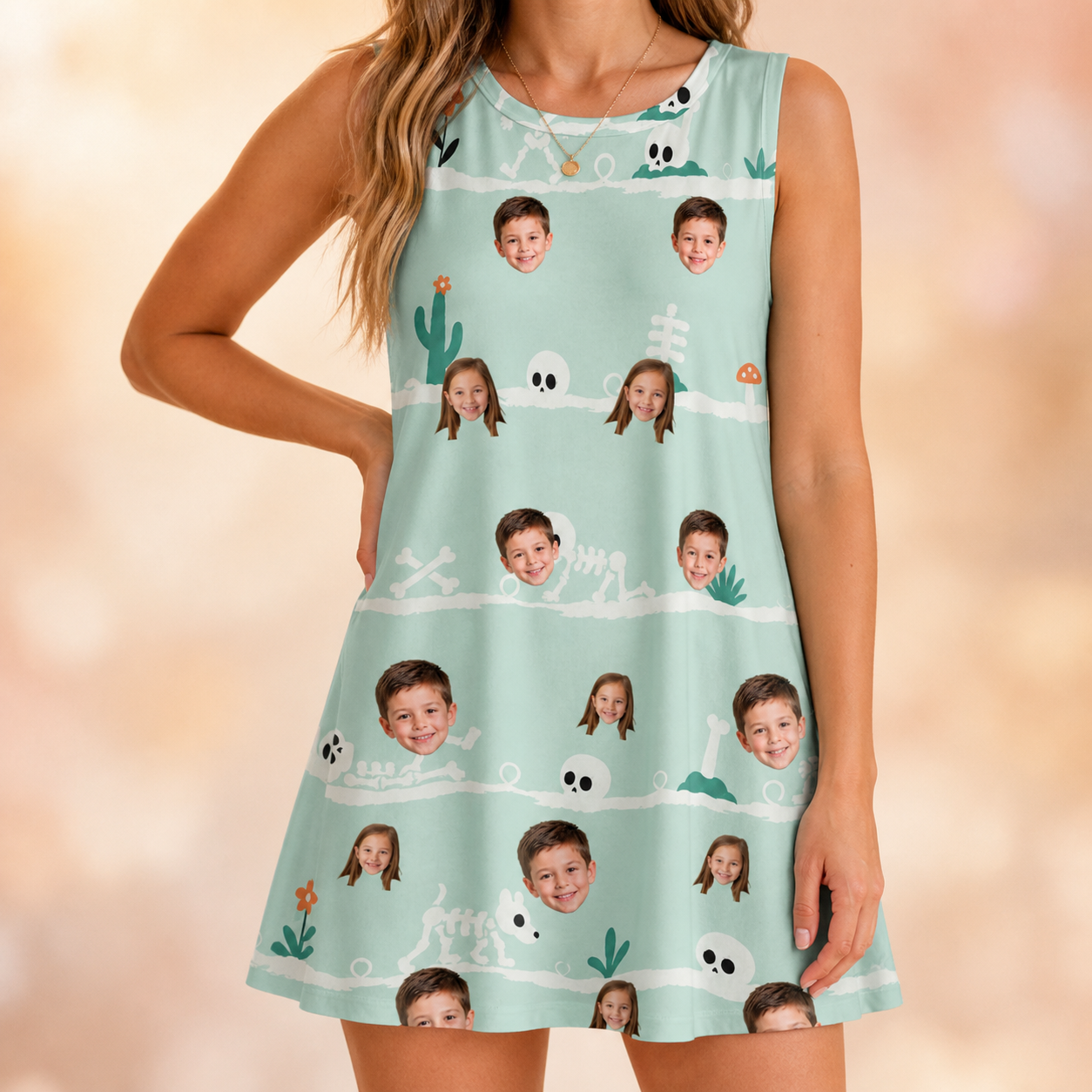 Model wearing Women's Phantom Phalanges Custom Face Tank Dress printed with kids' faces