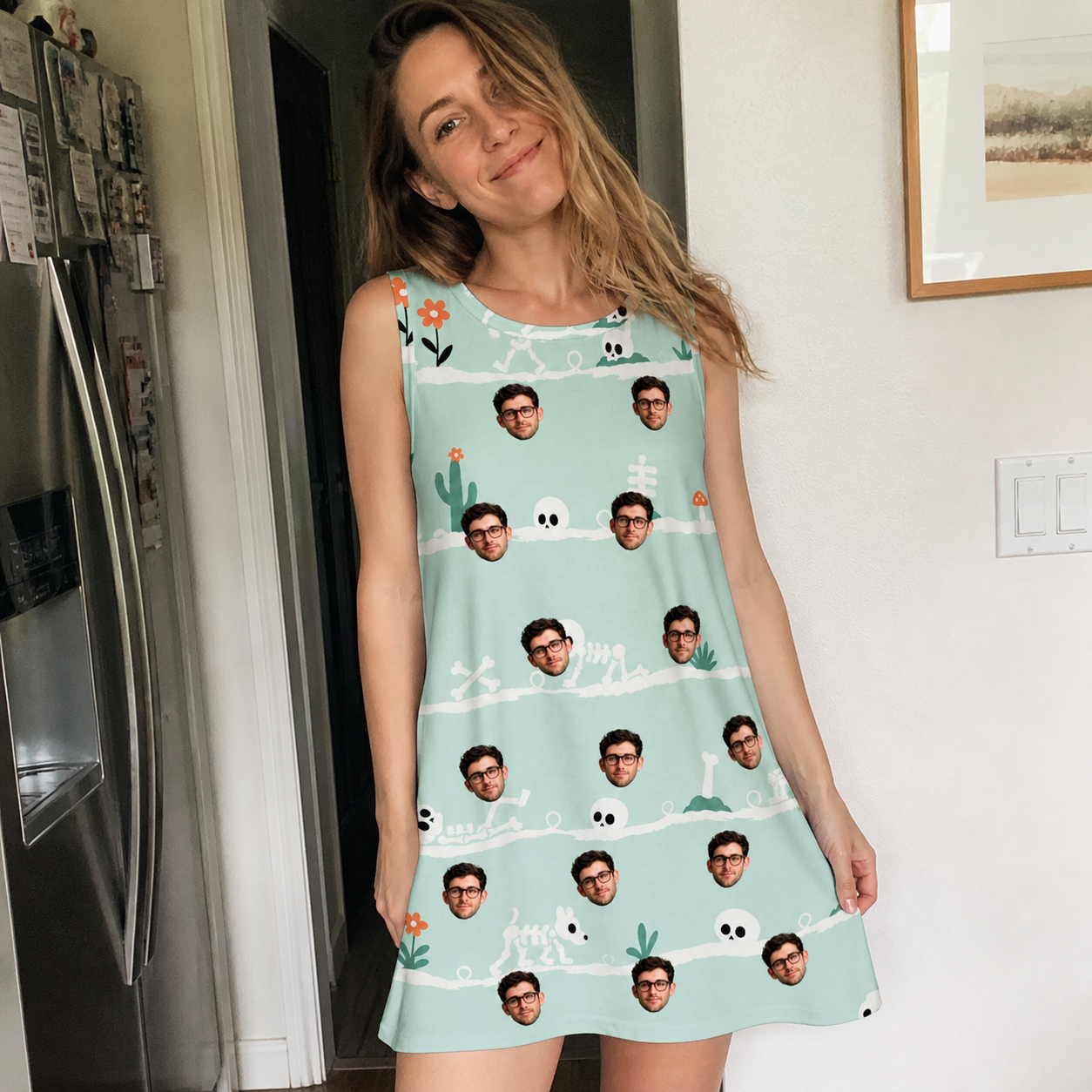 Real-life photo of someone wearing Women's Phantom Phalanges Custom Face Tank Dress — custom faces printed all-over