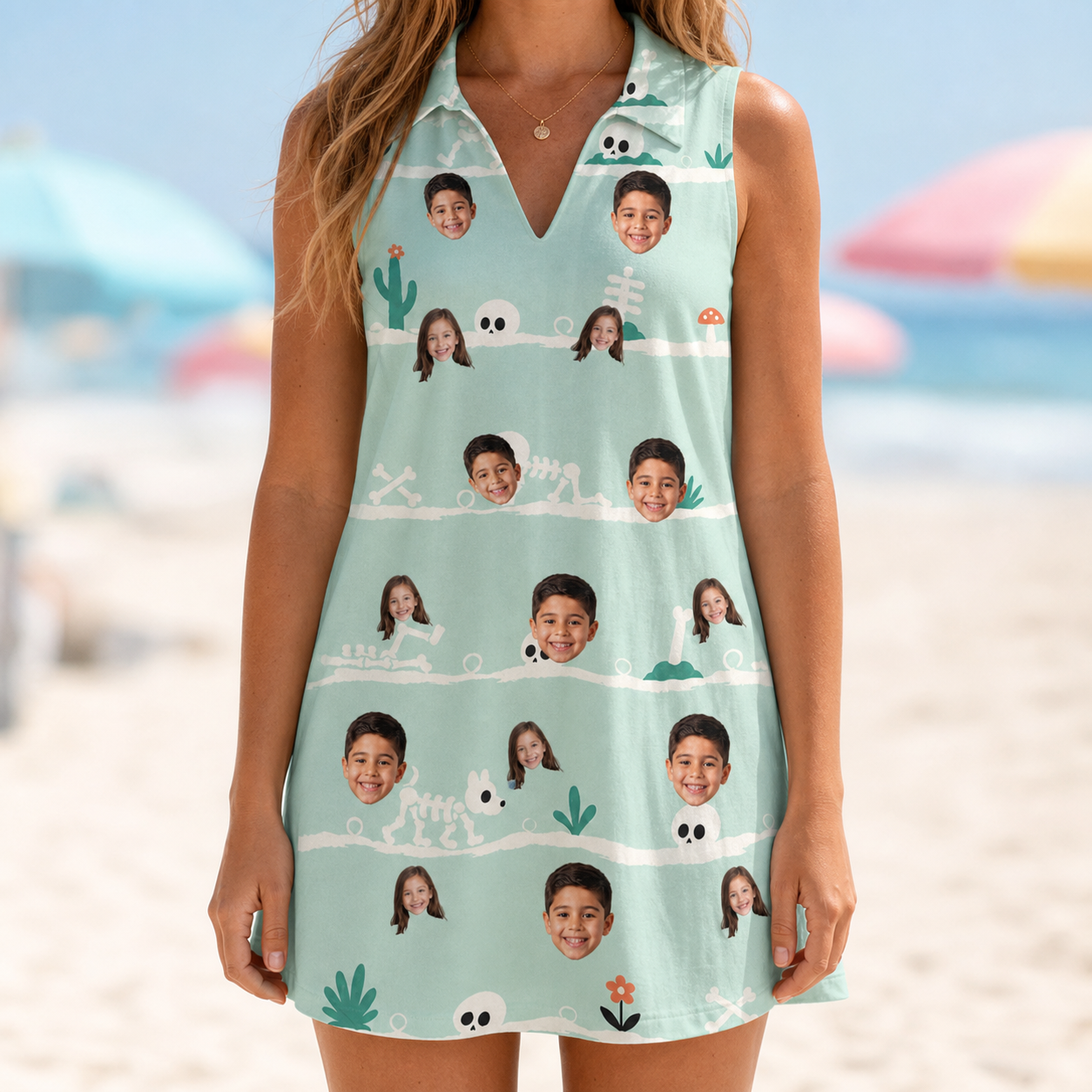 Model wearing Women's Phantom Phalanges Custom Face V-Neck Dress printed with kids' faces