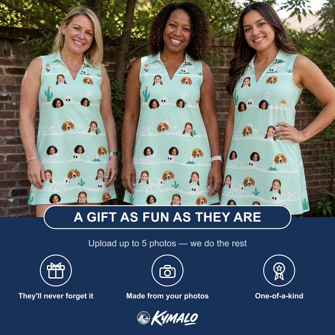 Friends in matching Women's Phantom Phalanges Custom Face V-Neck Dress — a group gift photo