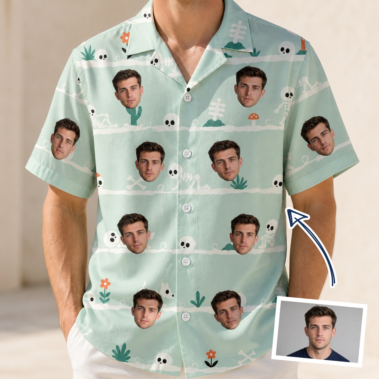Man wearing Men's Phantom Phalanges Custom Face Hawaiian Shirt — custom faces printed all-over