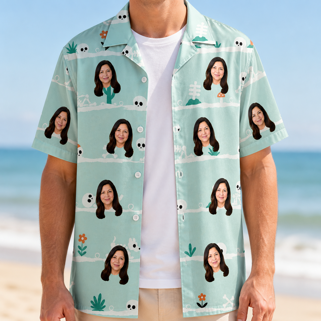 Man wearing Men's Phantom Phalanges Custom Face Hawaiian Shirt open over a white tee
