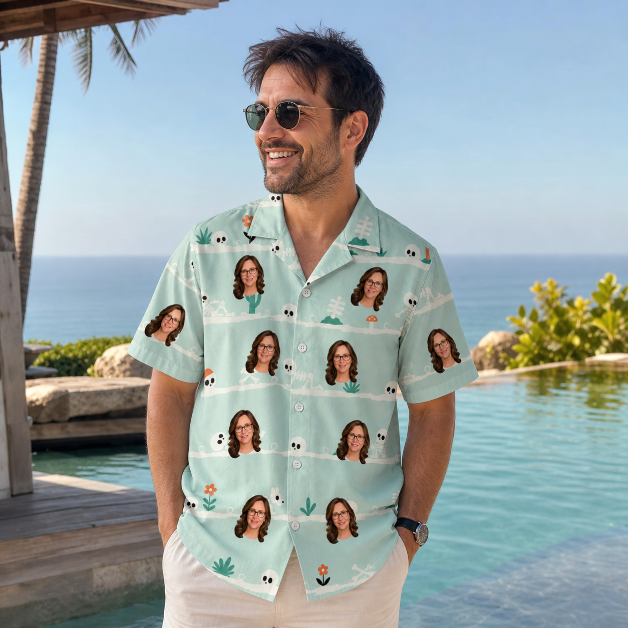 Real-life photo of someone wearing Men's Phantom Phalanges Custom Face Hawaiian Shirt — custom faces printed all-over