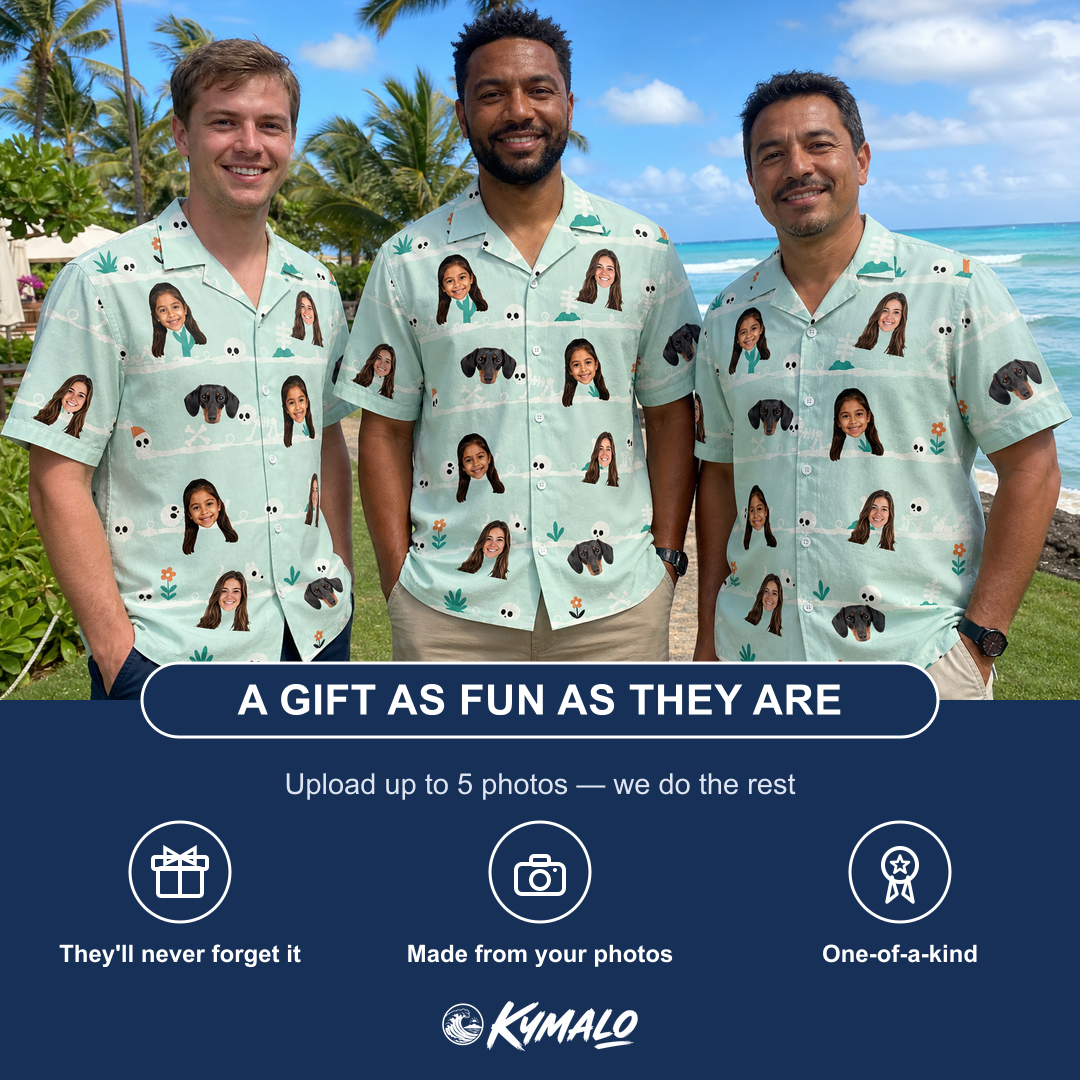 Friends in matching Men's Phantom Phalanges Custom Face Hawaiian Shirt — a group gift photo