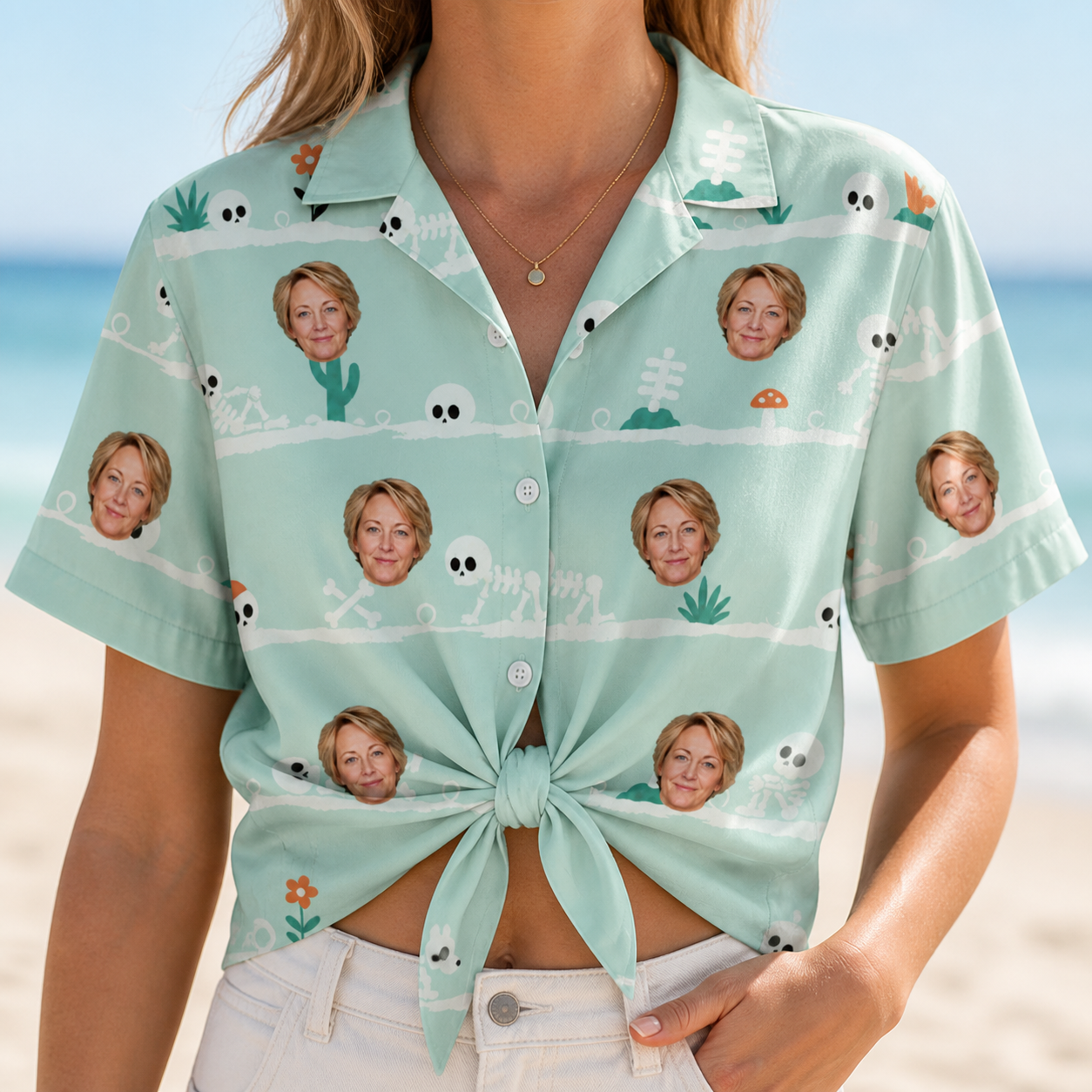 Woman wearing Women's Phantom Phalanges Custom Face Hawaiian Shirt tied at the waist