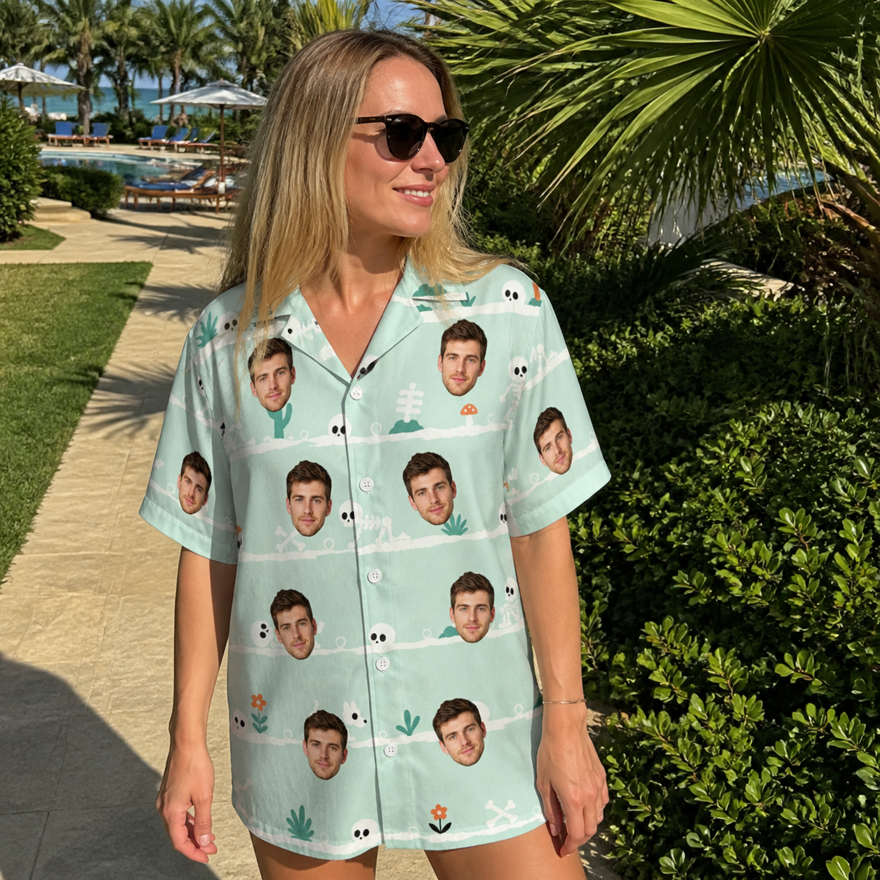 Real-life photo of someone wearing Women's Phantom Phalanges Custom Face Hawaiian Shirt — custom faces printed all-over