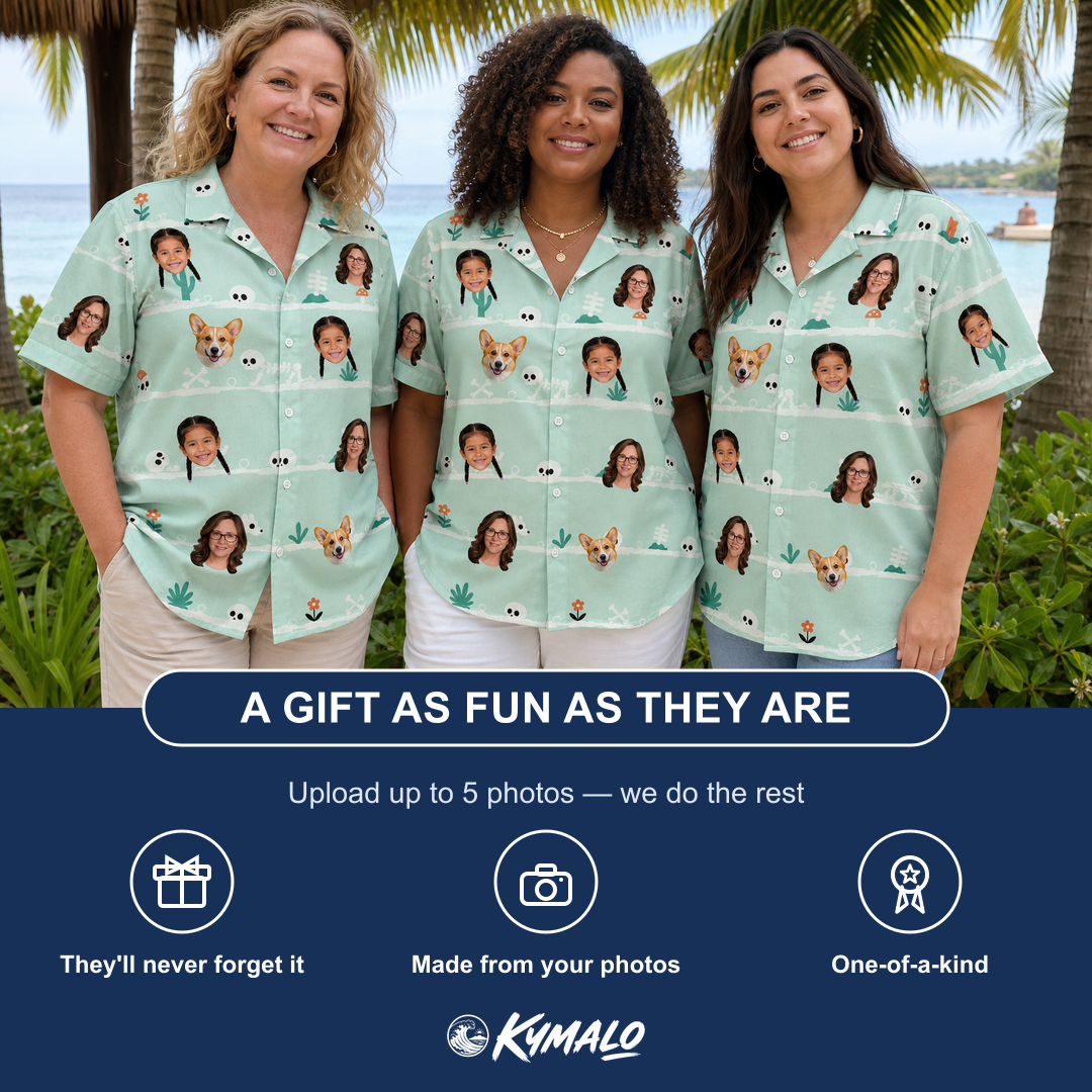 Friends in matching Women's Phantom Phalanges Custom Face Hawaiian Shirt — a group gift photo