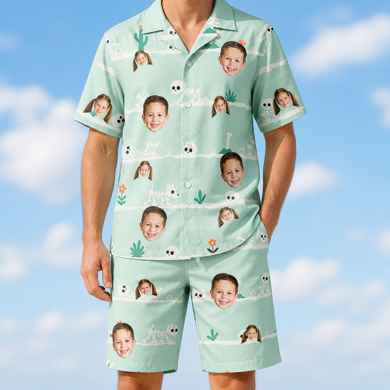 Model wearing Men's Phantom Phalanges Custom Face Shirt & Shorts Set printed with kids' faces