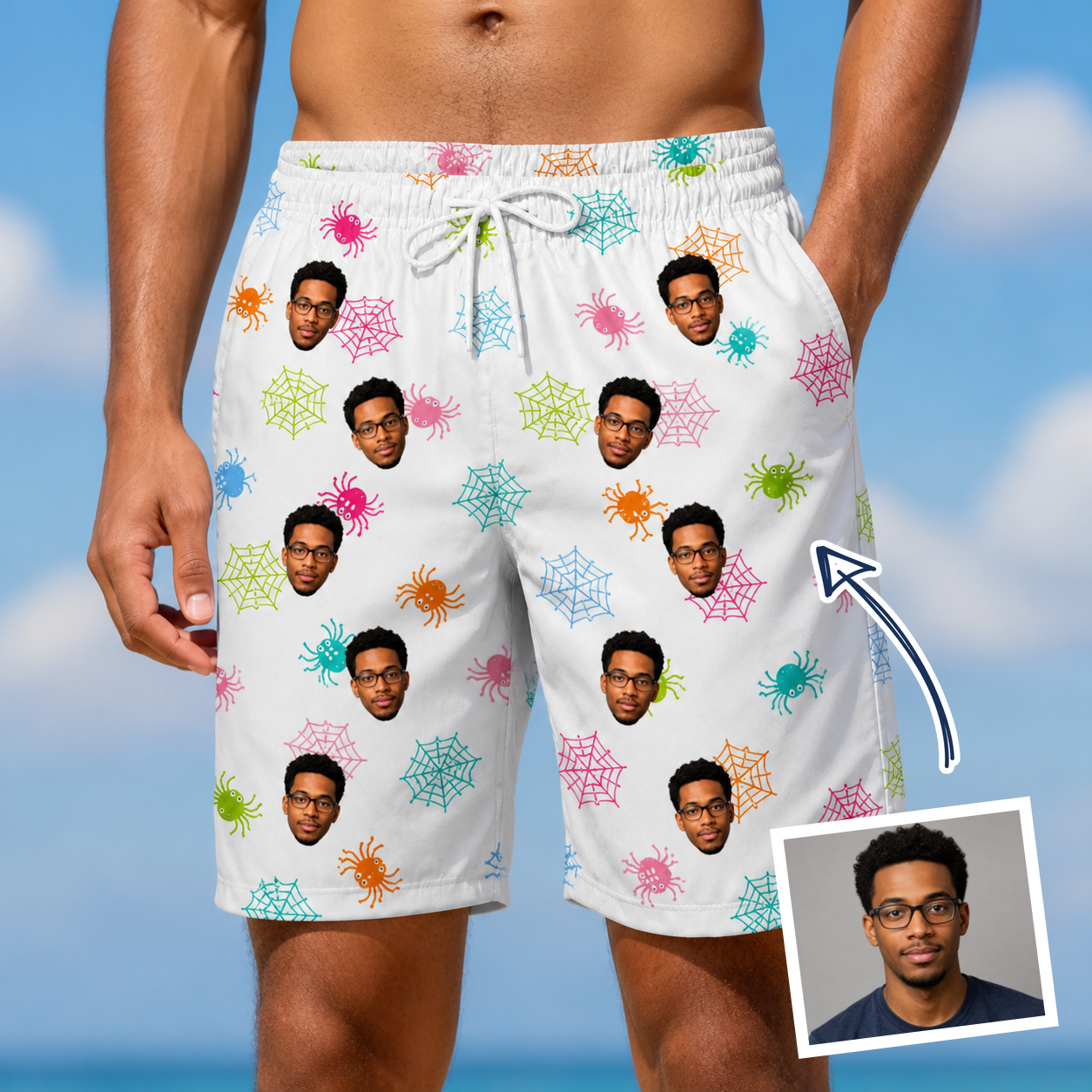 Man wearing Men's Sticky Situation Custom Face Beach Shorts — custom faces printed all-over