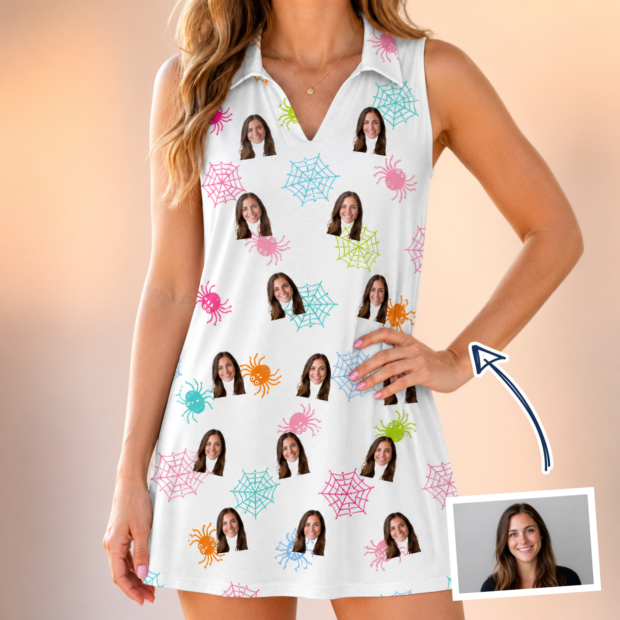 Woman wearing Women's Sticky Situation Custom Face V-Neck Dress — custom faces printed all-over